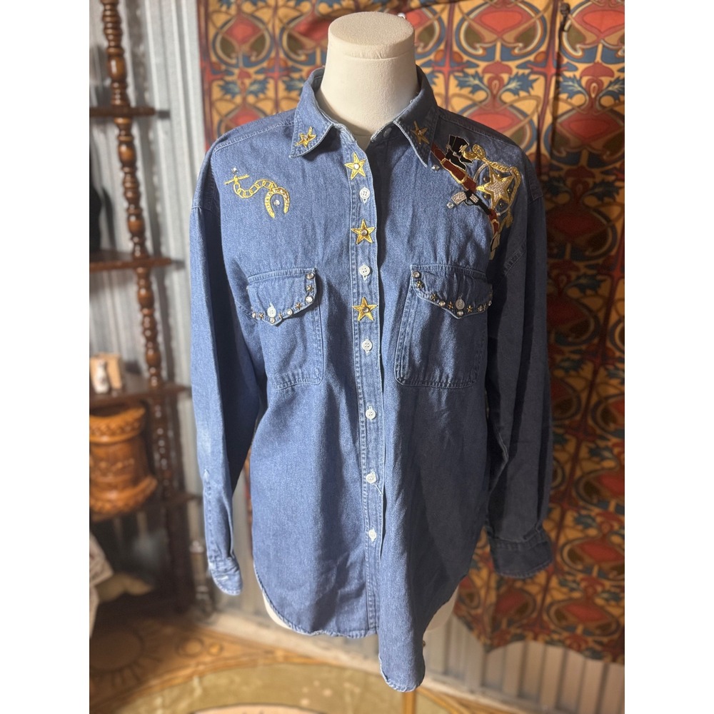 Denim Shirt‎ Western Embellished Stars Rhinestones Long Sleeve Top 20 Ptp